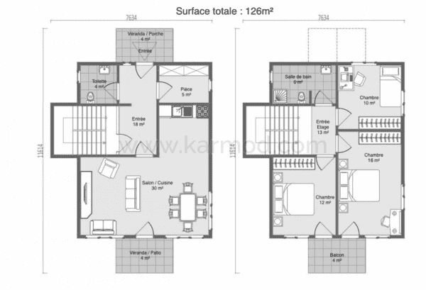 Maison en kit métallique 126 m² plan